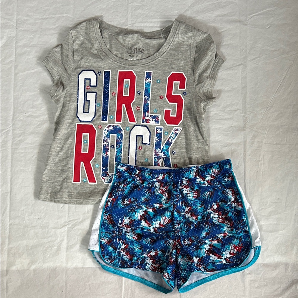 Justice Girls Rock Gray Tee with Blue Patterned Athletic Shorts
